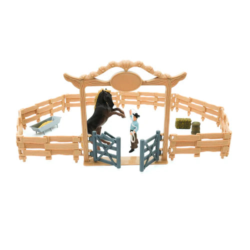 אורווה בסגנון ווסטרן כולל סוס ודמות קאבוי להרכבה מבית מוג'ו MOJO
